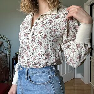 Vintage Floral Long-Sleeve Henley Top in Cream and Mauve